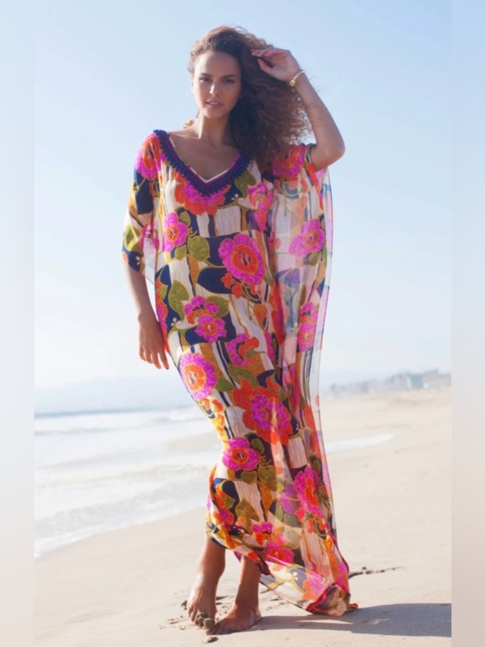 Trina Turk Resort 2016 Runway Silk Floral Maxi Caftan Dress Multi M